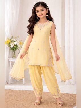 Elegant Girls' Formal Yellow Embroidered Salwar Kameez